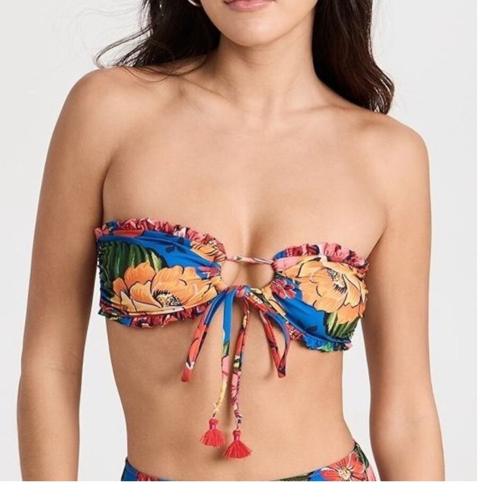 FARM Rio Blue Winter Chita Strapless Bikini Top Floral Bandeau S NWT $95
